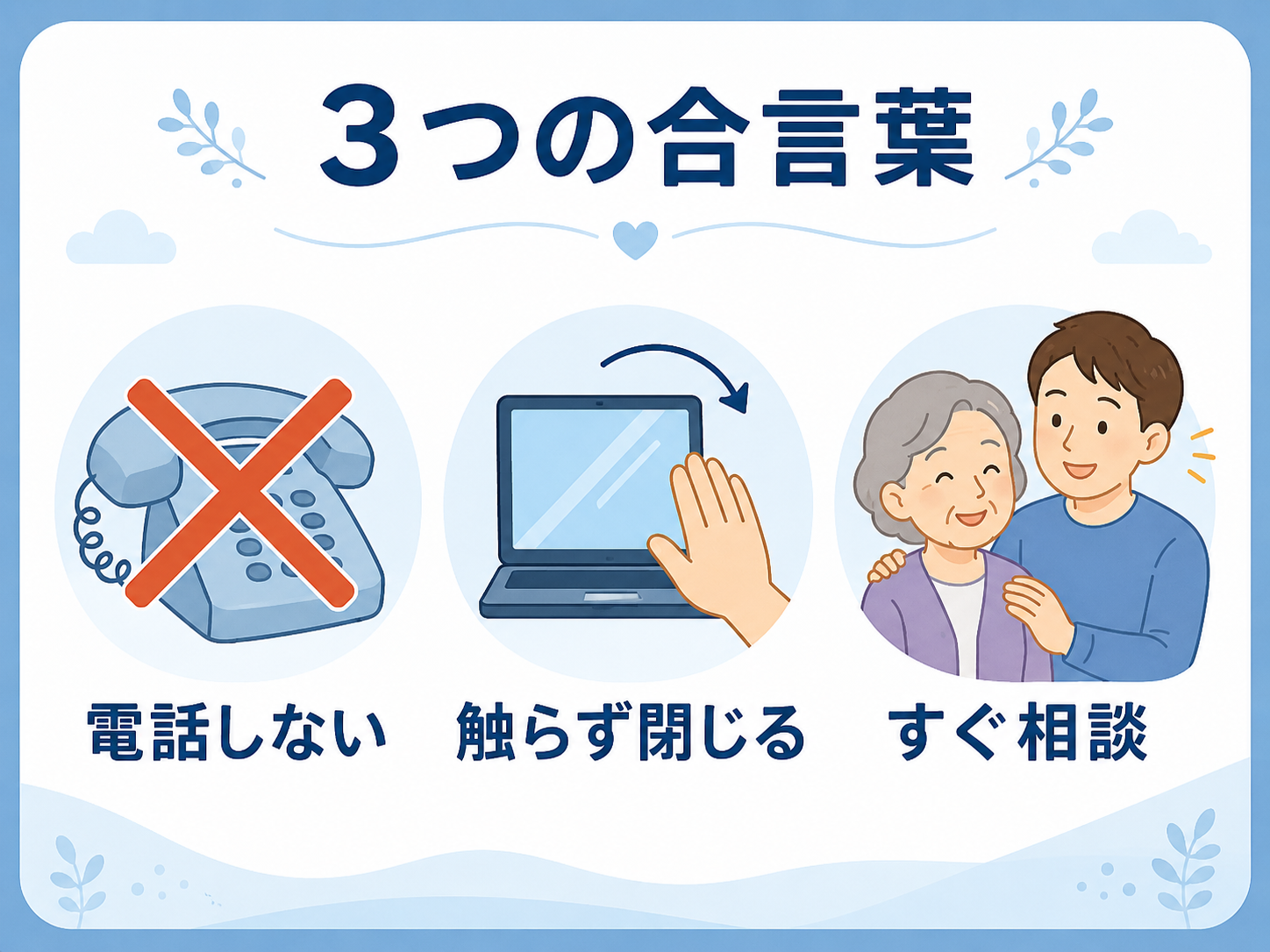 家族を偽警告から守る3つの合言葉（電話しない・触らず閉じる・すぐ相談）を示すやさしいイラスト